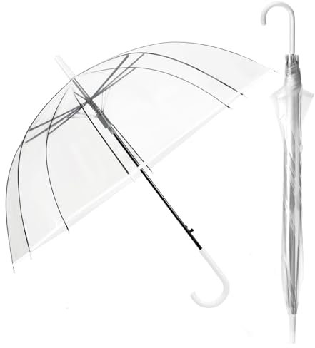 Paraguas de Campana Largo Transparente Resistente al Viento con 8 Varillas de Fibra de Vidrio, Mango Curvado, Ligero y Portátil, Protección Contra la Lluvia, Ideal para Bodas, Viajes y Uso Diario