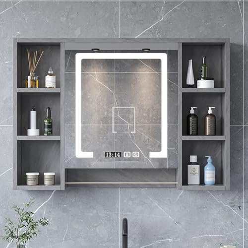 ZCFLWR Badezimmerspiegel aus Holz mit Beleuchtung und Stauraum mit offenem Regal, intelligenter Spiegel mit beschlagfreiem Stauraum, Medizinschrankspiegel mit zweifarbiger Beleuchtung, mit Touch-Sc