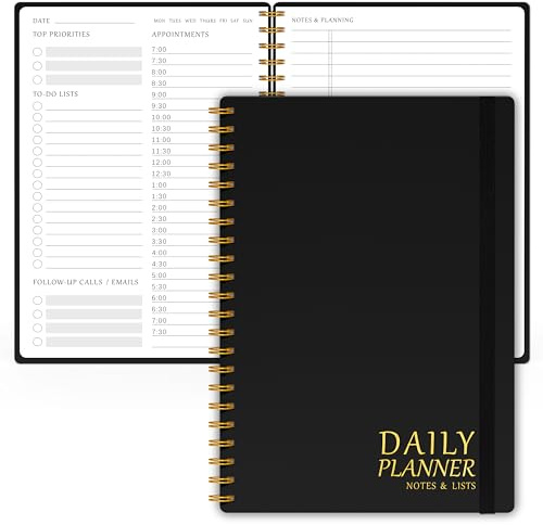 Undatierter Tagesplaner mit Stundenplan – To-Do-Listen-Notizbuch für Arbeit & Studium, Spiralbindung, 14 x 21,6 cm, Aufgaben und Termine effizient verwalten, Schwarz