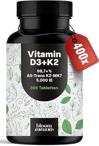 Vitamin D3 K2 5000 IE hochdosiert – 365 Tabletten | Premium 99,7+% All-Trans K2-MK7 – produziert in Deutschland, laborgeprüft