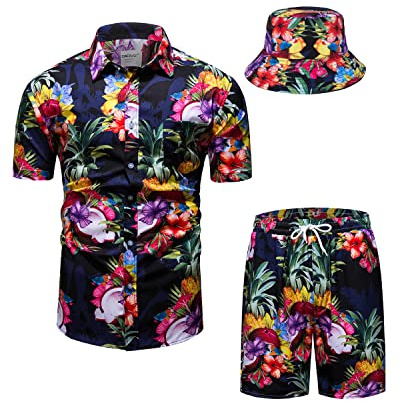 LKHVGY Conjunto de camisas y pantalones cortos hawaianos para hombre, 2 piezas, trajes de playa con estampado de flores, traje tropical de verano con sombreros de pescador, Azul marino 211, S