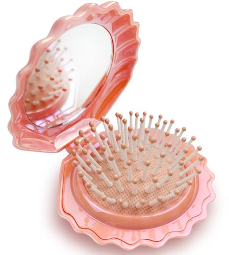 Foldable Travel Hairbrush with Mirror, Compact Mini Pocket Comb with Shiny Metallic Finish, Shell-Shaped Design, Creative Gift