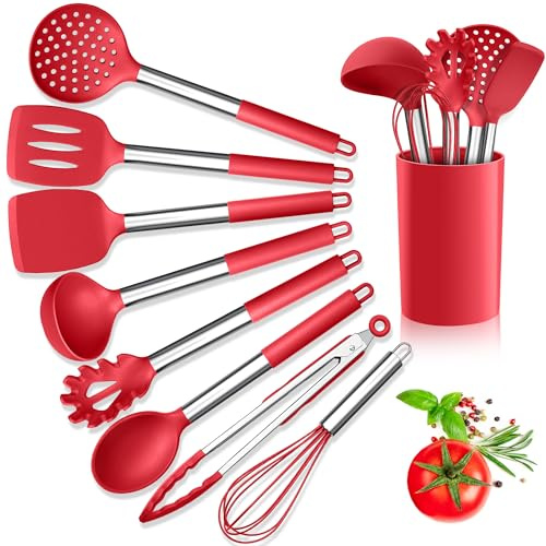 Herogo Küchenutensilien-Set, 9-teiliges Silikon-Kochutensilien mit Edelstahlgriff, hitzebeständig, Küchenspachtel, Pfannenwender, Löffel mit Halter, antihaftbeschichtet, leicht zu reinigen, Rot
