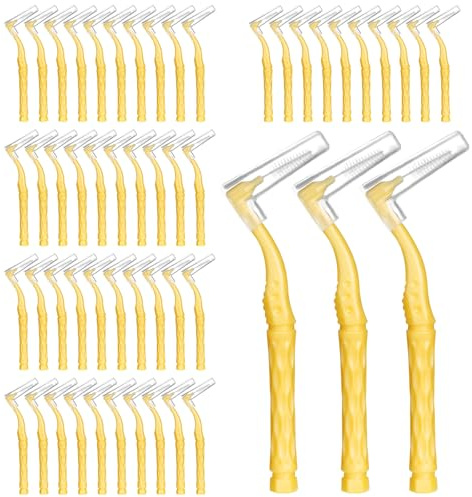 RAYITO 50pcs 1-1.2mm Interdental Brushes, Soft Dental Brushes with Non-Slip Handle Angled Head Tooth Picks Floss Sticks Dental Floss Brushes for Braces Oral Cleaning Narrow Gaps Between Teeth(Yellow)