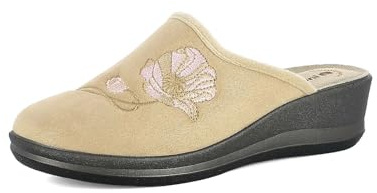 inblu Femme Pantofole Donna A Zeppa Con Fiore Cucito, Plantare in Vera Pelle, Suola Leggera E Resistente Mule, Sable, 38 EU