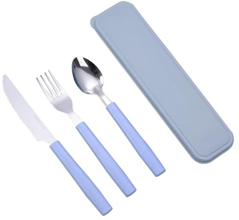 Juego de cubiertos para camping, 3 unidades, acero inoxidable, con estuche, reutilizables, para acampar, para exteriores, viajes, trabajo, escuela, lavavajillas, color azul