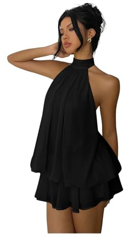 Verdusa Women's Chiffon Halter Drop Waist Wedding Guest Dresses Ruffle Summer Loose Fit Mini Dress Brunch Outfits Black Medium