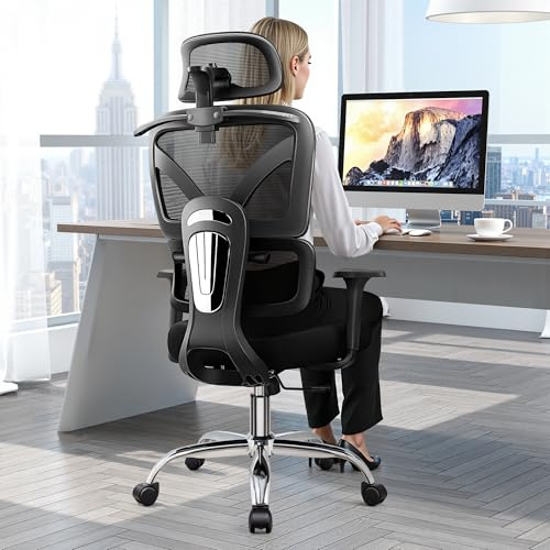 TECHREST Ergonomic Office Desk Chair, High Back Mesh Office Chair with Adjustable Lumbar Support, 3D Headrest, Big and Tall Home Computer Desk Chairs Comfy for Work, Gaming, 300lbs, Black