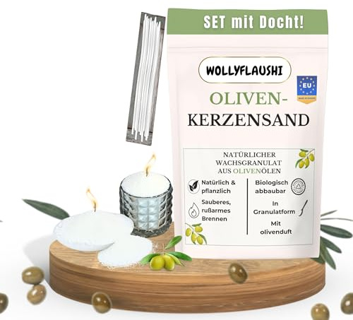 wollyflaushi Olivenwachs Kerzensand mit Docht 1 kg Kerzenwachs Pflanzlich | Pflanzliche Wachs aus Olive - Rußarm lange Brenndauer, mehrfach verwendbar - Kerzenwachsgranulat Natur eigenduft
