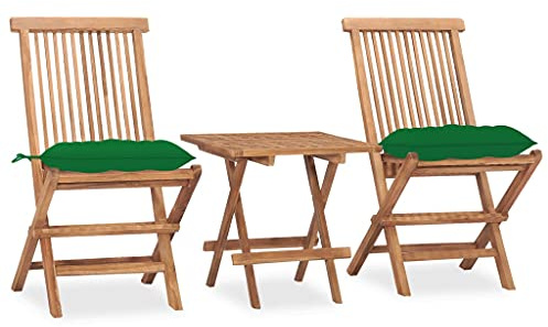 QJBSAVVA Klappbare Garten-Essgruppe 3-TLG. aus massivem Teakholz 50 x 50 x 50 cm mit grünen Polstern praktisches Balkonmöbel Set für kleine Balkone Terrasse und Camping