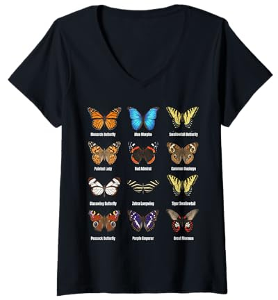 Femme Types de Papillons, Tableau des espèces de Papillons T-Shirt avec Col en V