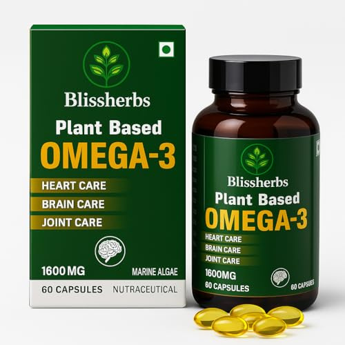 Blissherbs Plant Based Omega-3 Capsules, 1600mg | Gelatin Free, No Burps, No Fish Oil, Pure Algae | 450mg EPA & 150mg DHA, Better Joint & Heart Health | Vegetarian Omega 3 Supplement - 60 Capsules