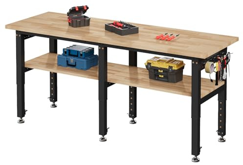 LUXOAK höhenverstellbare 2-teilige 183x61 cm Werkbank mit 4 AC-Steckdosen und 2 USB-Anschlüssen, belastbar bis 2722 kg, Massive Gummiholz-Arbeitsplatte, geeignet für Garage, Werkstatt und Büro