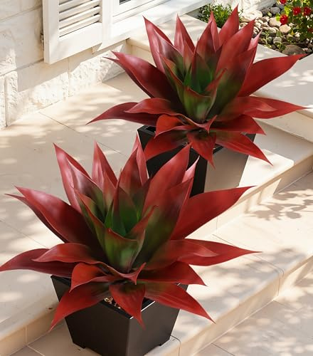 Ivydale Outdoor Faux Plants, 2 PCS 28 Artificial Agave Plant for Outdoors Outside Decoration, Large Fake Plants Realistic Greenery UV Resistant for Planter Porch Patio Yard Garden Indoor(Red)