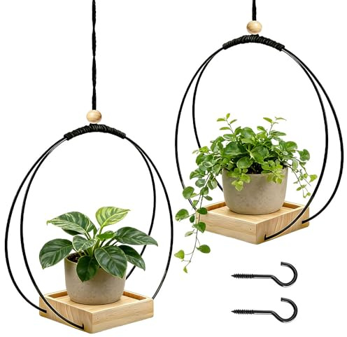 Weciau Blumenampel Hängend Innen, 2 Stück Blumentopf Hängend, Hängepflanzen Topf mit Holzsockel, Hängetopf für Pflanzen, Schwarze Blumenampel Innen Aufhängehaken Inklusive