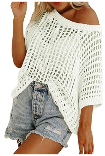 Top Mujer Ganchillo Cuello Redondo Cover Up Rejilla Chic Camiseta Punto Casual Blusa Suéter de Manga Corta con Cuello Redondo para Mujer, Tops de Punto calados de Ganchillo Informales