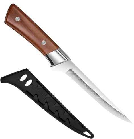 wkao Boning Knife, 5.5 in / 14 cm Fillet Knife for Meat, Stainless Steel Butcher Knife for Beef, Lamb, Poultry, with Sheath, Ergonomic Faux Wood Handle, Sharp Tip, 10.6 in / 26.9 cm
