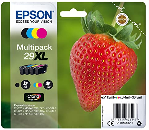 Epson Multipack 29XL Fraise, Cartouches d'encre d'origine XL Haute capacité, 4 couleurs: Noir, Cyan, Magenta, Jaune, XP-235 XP-243 XP-245 XP-247 XP-255 XP-257 XP-332 XP-335 XP-342 XP-345 XP-352 XP-355