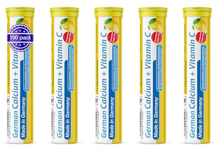 Comprimidos efervescentes con calcio + vitamina C 5x20 = 100 uds. sabor limón - 300 mg de calcio, 75 mg de vitamina C -T&D Pharma German Calcium + Vitamin C - Made in Germany