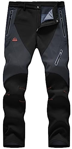 donhobo Men's Waterproof Trousers Softshell Fleece Lined Outdoor Walking Warm Thicken Hiking Ski Pants with Zip Pockets Black 36