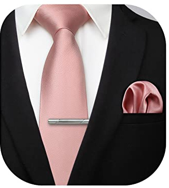HISDERN Mens Blush Pink Ties for Men Business Wedding Rose Gold Woven Silk Ties and Pocket Square with Neckties Clip Set Formal Solid Stain Tie