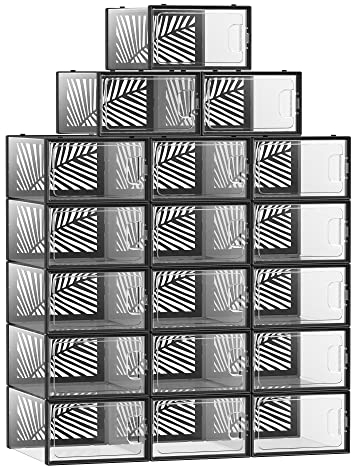 SONGMICS Clear Shoe Boxes, Set of 18 Shoe Storage Organsiers, Stackable, Breathable, and Foldable, for Max. UK Size 11, Display Trainers, High Heels, Transparent and Black LSP106B18