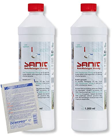 DEWEPRO-Set: SANIT RohrReiniger flüssig (3063) - 2 Flaschen à 1000ml - Hochwirksamer Rohrreiniger auf flüssiger Basis, inkl. 1 St. DEWEPRO® Single Scrubs