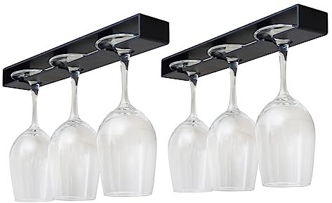 AQJUNONG Weinglasregal aus Kunststoff, ohne Bohren, Weinglashalter unter Regal und Schrank, zum Aufhängen von Stielgläsern, Organizer für Bar, Schrank, Küche, 2 Stück (schwarz)
