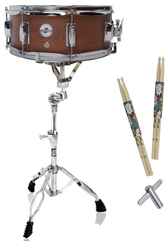 GRIFFIN 14 x 5.5 Snare Drum Package (PoplarPro Edition) – Wood Shell with Stand, 2 Pairs of Sticks, Key & Strainer – Flat Hickory PVC Wrap & 8 Lugs