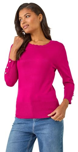 Roman Diamante Button Scallop Edge Jumper for Women UK Ladies Autumn Everyday Winter Holiday Round Neckline Comfy Long Sleeve Soft Slim Fit Knitted Sweater Warm Tops - Fuchsia - Size 10