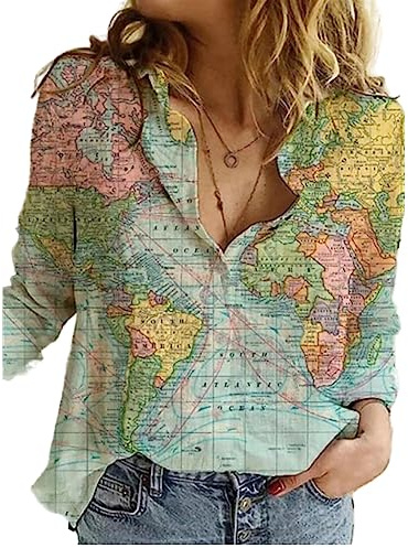 Women Cotton Linen Shirt Long Sleeve Map Seven 7 Continent Earth Globe Graphic Pattern Print Graphic Button-Down Collared Top Plus Size Basic Loose Casual Blouse B Map Green 14
