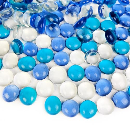 HappyFiller 2 LB Glass Gems Flat Marbles for Vase Fillers,Home Accents Floral Arrangement,Aquarium Fish Tank Pebbles Stones,Fire Glass Drop Beads,Blue Clear Mix
