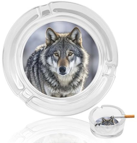 Runder Aschenbecher aus Kristallglas, Wolf-Druck, tragbar, transparent, für draußen und drinnen