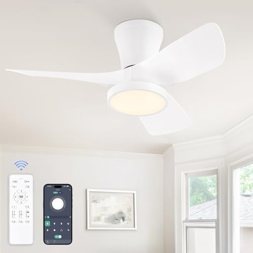 ZMISHIBO Ventilateur de Plafond avec Lumière Petit Blanc Ø76,2cm, Moteur DC Silencieux, 6 Vitesses, 3 CCT, Minuterie 2/4H, Contrôle par Application et Télécommande, Luminosité 10-100%