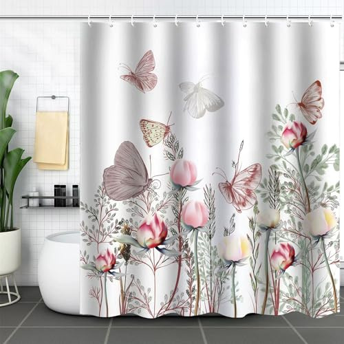 FYting Duschdraperi, duschdraperi, duschdraperi med gröna blommor, hängande fåll, vattentät och mögelbeständig, tvättbar, med öljetter och 12 duschdraperiringar (rosa blombuske)