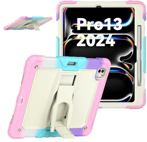 V-MOTA Étui de protection de qualité militaire 13 compatible avec iPad Pro M4 2024 et M5 2025; coque hybride avec fente pour stylo, portable anti-choc, support et bandoulière (rose arc-en-ciel)