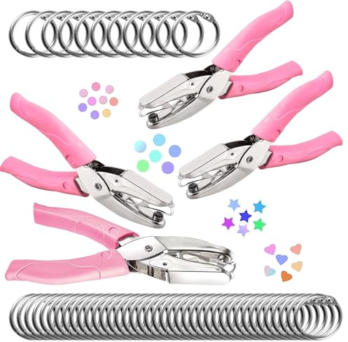 Håltänger papper med 50 lösa bladringar, håldiameter 1,5–6 mm hjärtformad rund och stjärnformad handhållen håltagare rosa metall håltång papper hål för kort scrapbook notebook