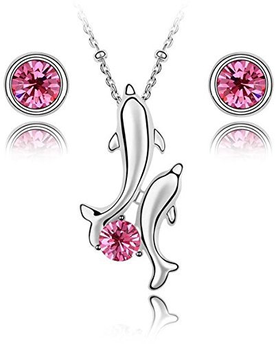 Crystalline Azuria Femme Ensemble Collier Dauphins et Clous Boucles d'Oreilles 18ct Plaqué Or Blanc avec Cristaux mauve Rose