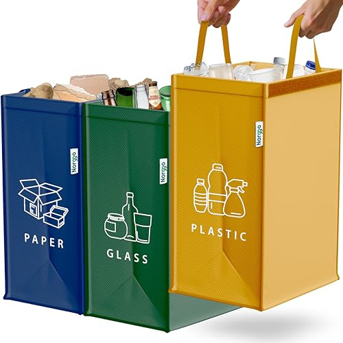 Återvinningskärl – Set med 3 x 40L för plast, papper och glas – Hållbara soptunnor för återvinning – Färgade soppåsar – Återvinningsbehållare med 3 fack