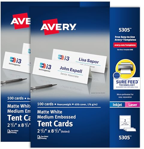 Avery Bedruckbare Zeltkarten mit Sure Feed Technologie, 6,3 x 21,6 cm, geprägte Bordüre, Laser/Tintenstrahl, 2er-Pack, 100 Karten pro Packung, insgesamt 200 Karten (25305)
