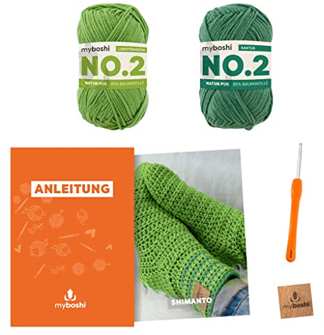 myboshi Häkelset Socken Shimanto, Häkelset für Anfänger, inkl. No.2 Wolle, Häkelnadel und Anleitung, Label, Häkelpaket, 85% Baumwolle, 15% Kapok Grün, mit Häkelnadel