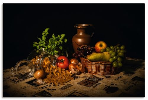 ARTLAND Wanddeko Leinwand Bilder Wandbild 60x40 cm Stillleben Stille Arrangement Gemüse Obst Obstkorb Karaffe Rustikal Retro U5AX