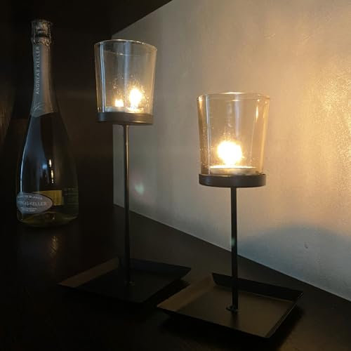 Virsus 6 Portacandele a Colonna 5110, Misura 9x9x17/22 cm, Struttura Metallo Nero con Bicchiere in Vetro per candela TeaLight, per Regali, Eventi (3 Set)