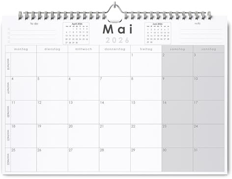 Huurdies® Wandkalender – 22 Monate im Voraus – A4+ – Mit Wochennummern und deutschen Feiertagen – Spiralbindung – Platz für Notizen – Hochwertiges Papier