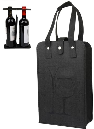 KICPUK Portable 2 Filz Flasche Wein Tote Carrier,Wiederverwendbare Weins Carriers Tote Bag Mit Teilern,Isolierte Wein-Kühltasche,Reise Geschenk Bag für Weinliebhaber Weihnachten (Schwarz)