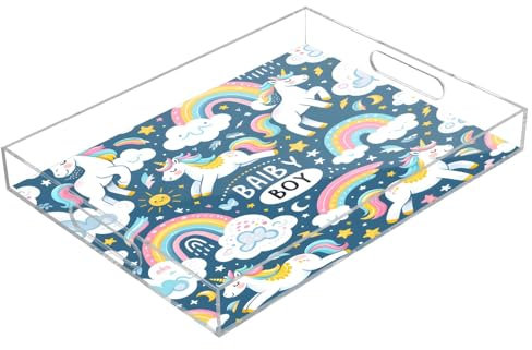 Baby Boy Unicorns Rainbows and Clouds Acrylic Serving Trays, Clear Rectangular Tray with Handles Serving Platter for Coffee Table Kitchen Bathroom