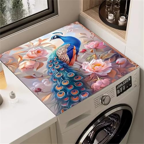 Highdi Imprimé Paon 3D Housse de Protection pour Machine à Laver Top,Coussin de Machine à Laver Antidérapant Housse de Machine à Laver pour Machine à Laver Ou Sèche-Linge (Fleurs 6,50x60cm)