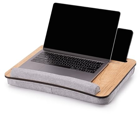 Vigo Wood Scrivania Portatile su Grembo con Cuscino,Vassoio Morbido da Divano per Ufficio Domestico, Leggero e Portatile con Poggiapolso, Tablet fino a 15.6'' e Supporto per Telefono(Quercia E Grigio)