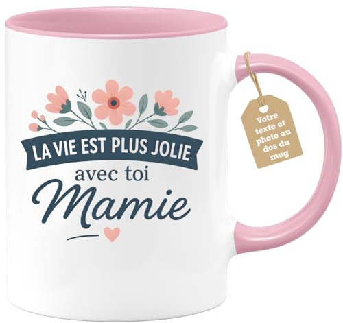quotedazur Café-Croissant - Mug Mamie Personnalisé Fête Des Grand-Mères - Tasse Cadeau La Vie Est Plus Jolie Avec Toi Mamie - Rose/Céramique