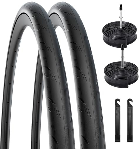 2-PCS 700C Bike Tires 700x25C/25-622, Floding Puncture Proof Road Bike Tires with 2 Inner Tubes Presta Valve & Tire Levers Replacement Set for Road Bicycle